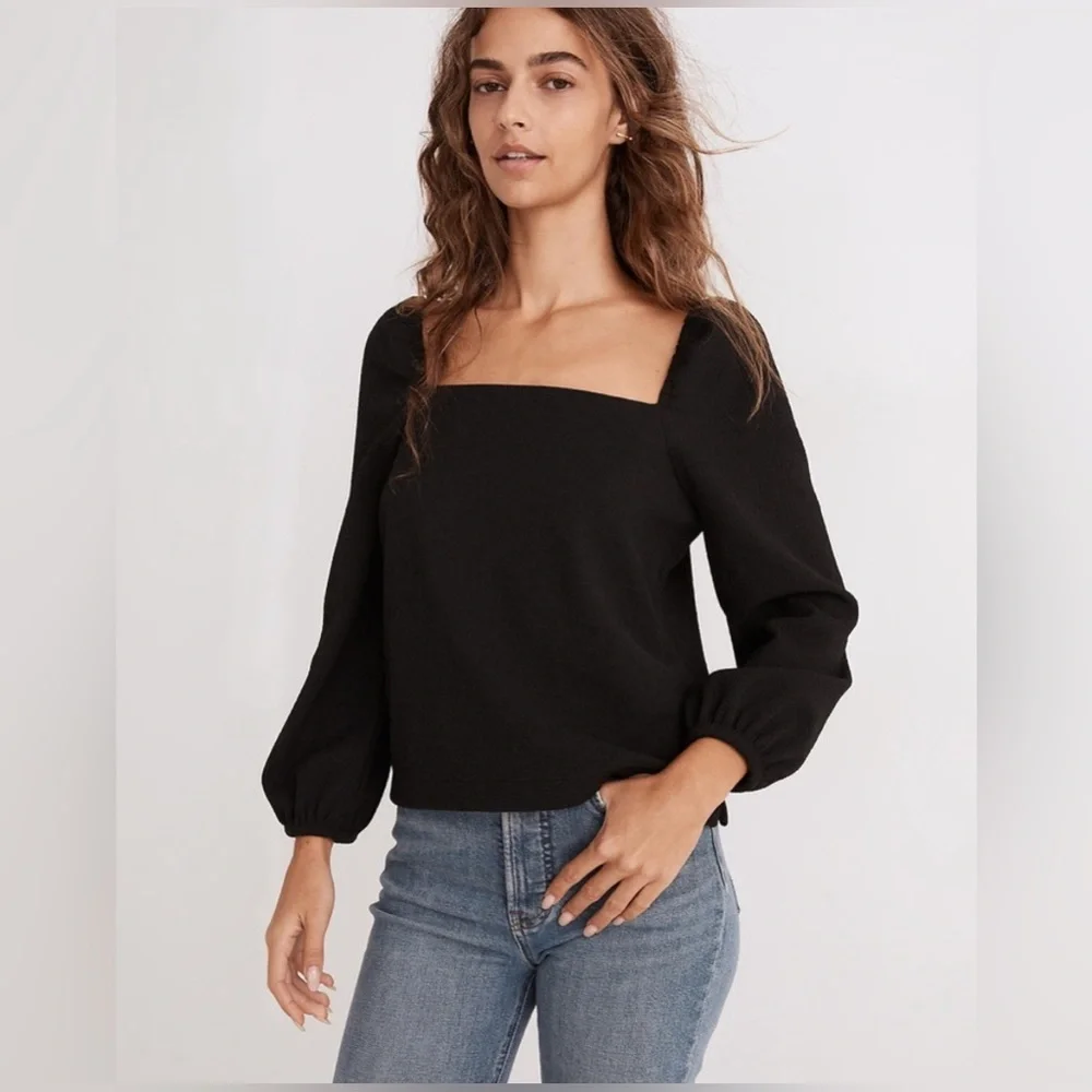 Madewell Black Square Neck Long Sleeve Puff Blouse